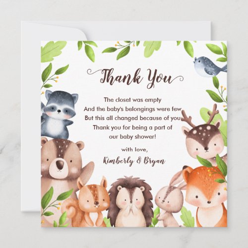 Greenery Woodland Animals Baby Shower Unisex Thank You Card