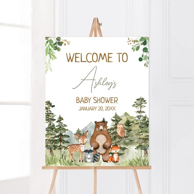 Greenery Woodland Animals Baby Shower Welcome Poster (Greenery Forest Animals Baby Shower Welcome Sign)