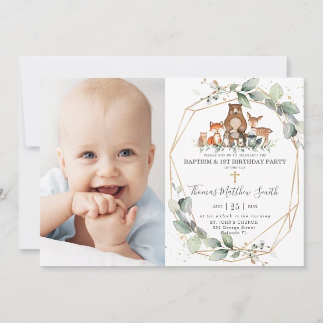 Greenery Woodland Animals Baptism & 1st Birthday   Invitation (Front)