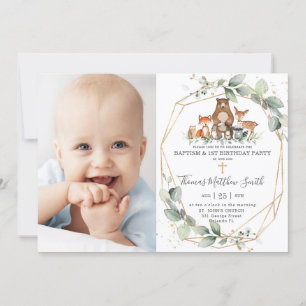 Greenery Woodland Animals Baptism & 1st Birthday   Invitation