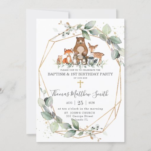 Greenery Woodland Animals Baptism & 1st Birthday Invitation | Zazzle