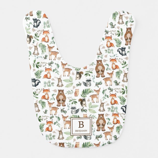Greenery Woodland Animals Bear Deer Fox Monogram Baby Bib (Front)