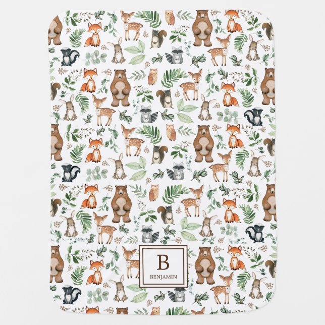 Greenery Woodland Animals Bear Deer Fox Monogram Baby Blanket (Front)