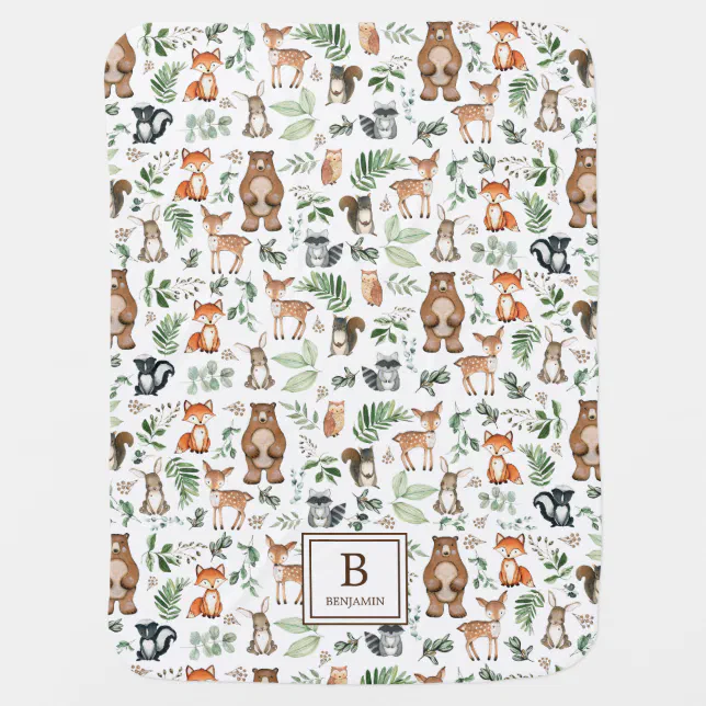 Greenery Woodland Animals Bear Deer Fox Monogram Baby Blanket | Zazzle