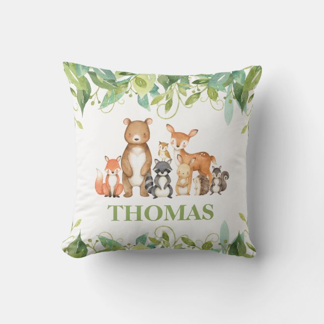 Greenery Woodland Animals Birth Stats Boy Nursery Throw Pillow (Front)