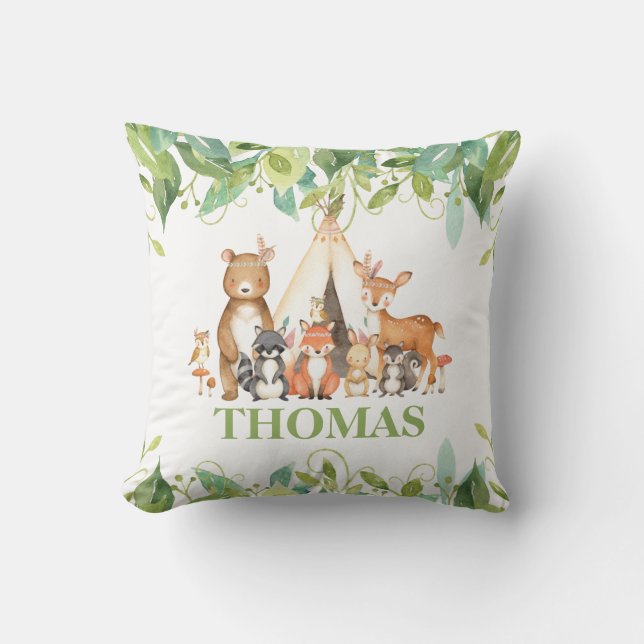 Greenery Woodland Animals Birth Stats Nursery Girl Throw Pillow (Front)