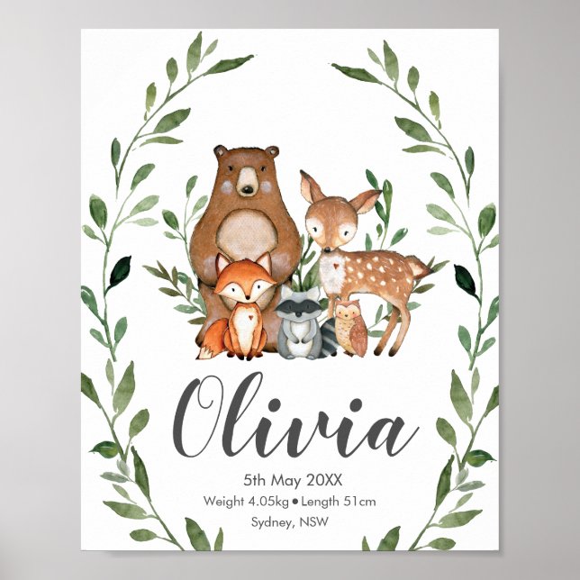 Greenery Woodland Animals Birth Stats Wall Art (Front)