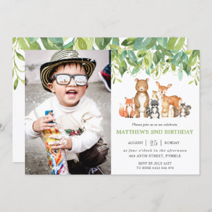 Greenery Woodland Animals Birthday Party Photo Invitation