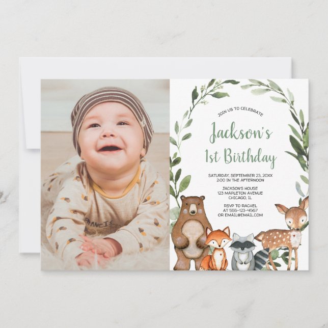 Greenery woodland animals boy 1st birthday photo invitation (Front)