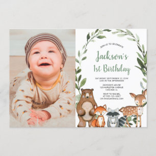 Greenery woodland animals boy 1st birthday photo invitation