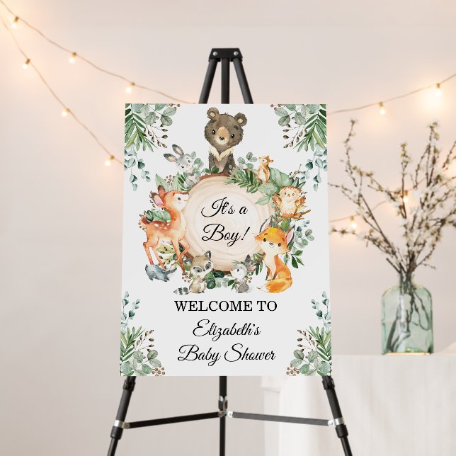 Greenery Woodland Animals Boy Baby Shower Welcome Foam Board (In Situ (Stand))