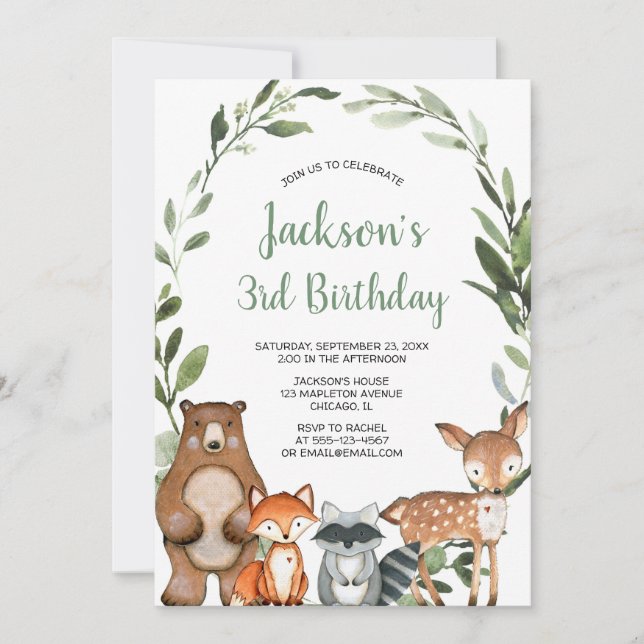 Greenery woodland animals boy girl birthday party invitation (Front)