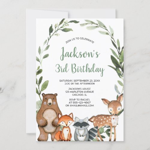 Greenery woodland animals boy girl birthday party invitation