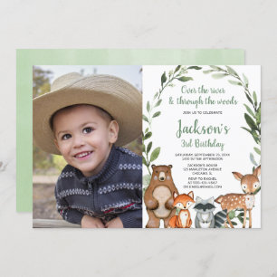 Greenery Woodland animals boy girl birthday photo Invitation