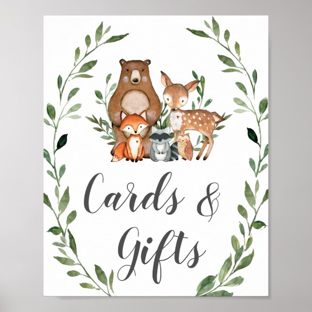 Greenery Woodland Animals Cards and Gifts Sign  (Front)
