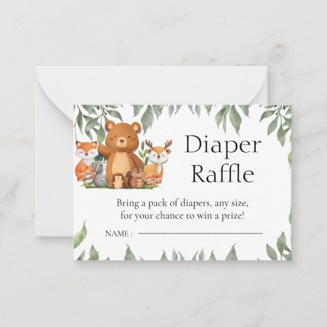 Greenery Woodland Animals Diaper Raffle Note Card (Front)