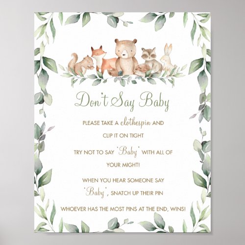 Greenery Woodland Animals Dont Say Baby Game Poster
