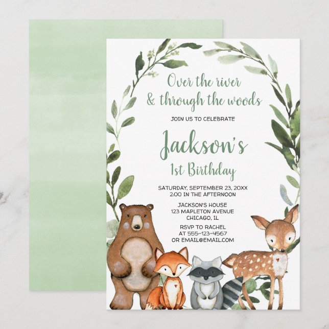 Greenery woodland animals first 1st birthday party invitation (Front/Back)