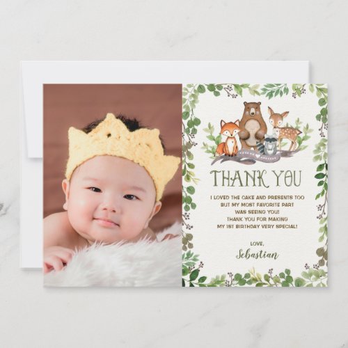 Greenery Woodland Animals Forest Birthday Party Thank You Card