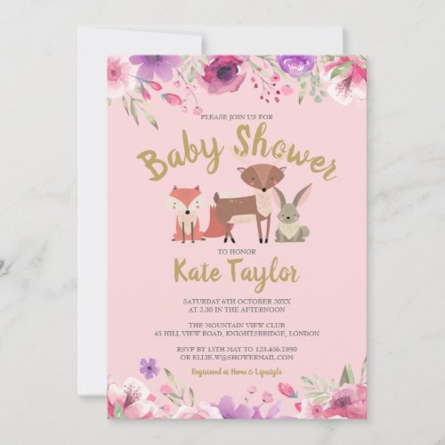 Greenery Woodland Animals Pink Floral Baby Shower Invitation