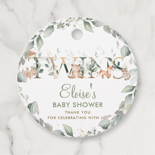 Greenery Woodland Animals Twins Baby Shower Favor Tags