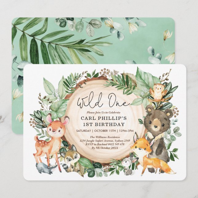 Greenery Woodland Animals Wild One 1st Birthday Invitation (Front/Back)