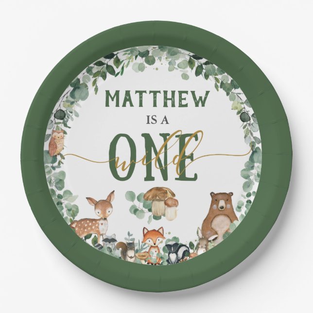 Greenery Woodland Animals Wild One 1st Birthday Pa Paper Plates (Front)