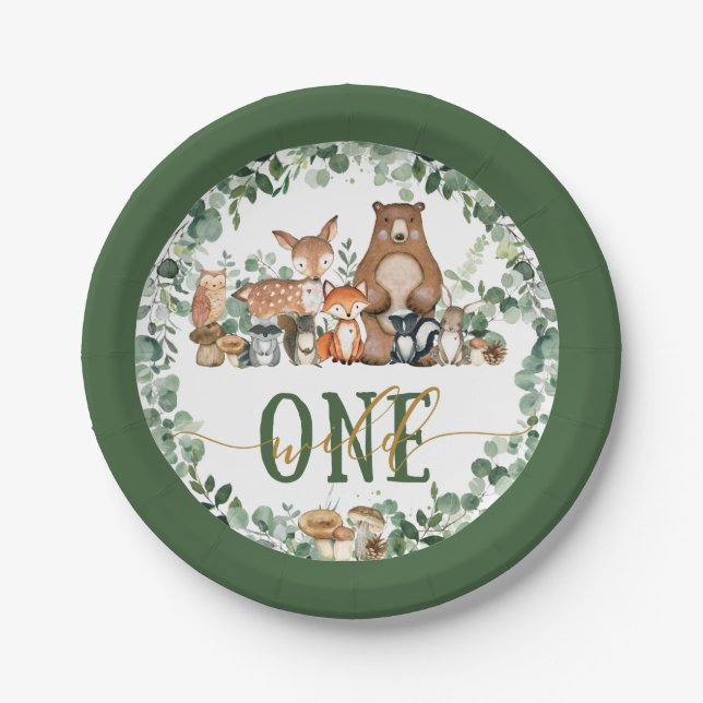 Greenery Woodland Animals Wild One 1st Birthday Paper Plates (Front)
