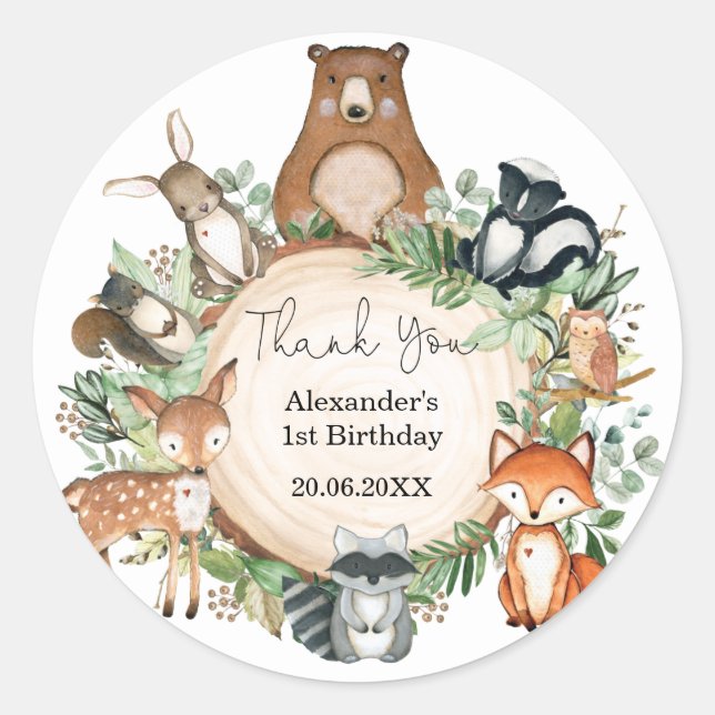 Greenery Woodland Baby Animals Birthday Favors Classic Round Sticker (Front)