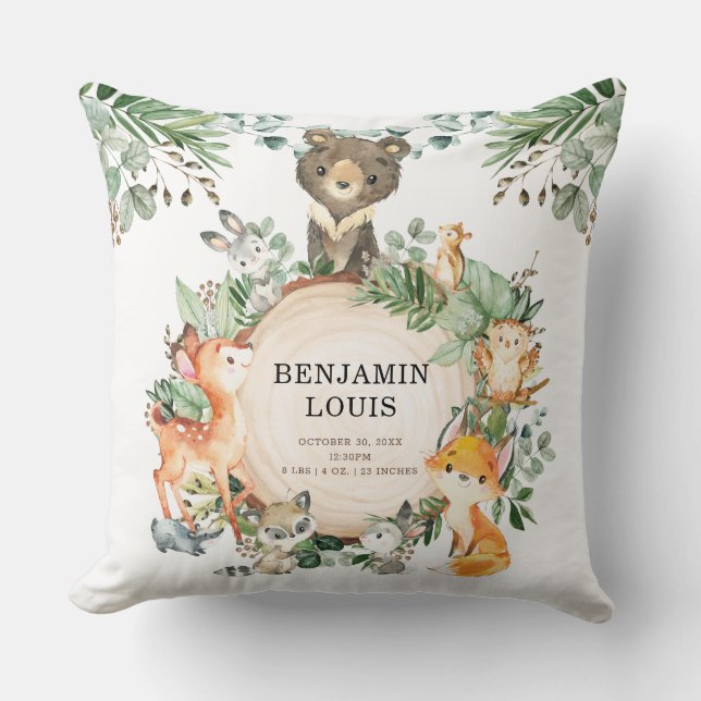 Greenery Woodland Baby Animals Nursery Keepsake Throw Pillow (Front)