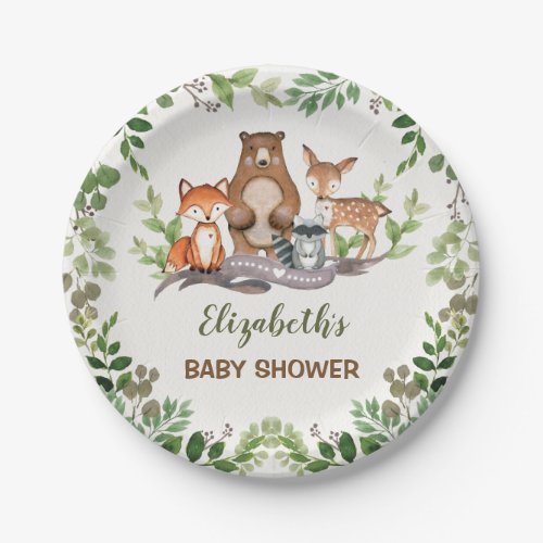 Greenery Woodland Baby Animals Shower 1st Birthday Paper Plates