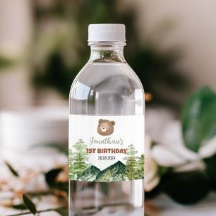 Greenery Woodland Bear 1st Birthday Water Bottle Label