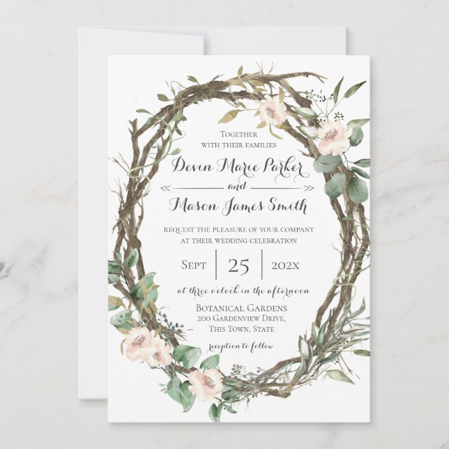 Greenery Woodland Botanical Wreath Invitation (Front)