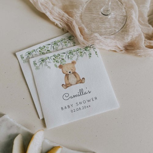 Greenery Woodland Cute Bear Baby Shower Napkins