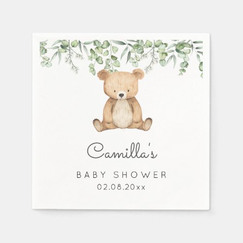 Greenery Woodland Cute Bear Baby Shower Napkins