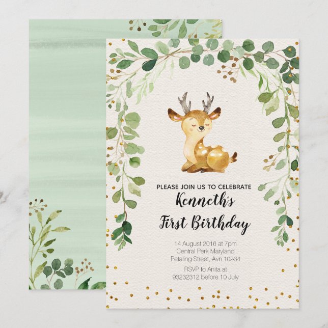 Greenery Woodland Deer Birthday Invitation (Front/Back)