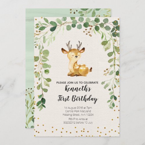 Greenery Woodland Deer Birthday Invitation