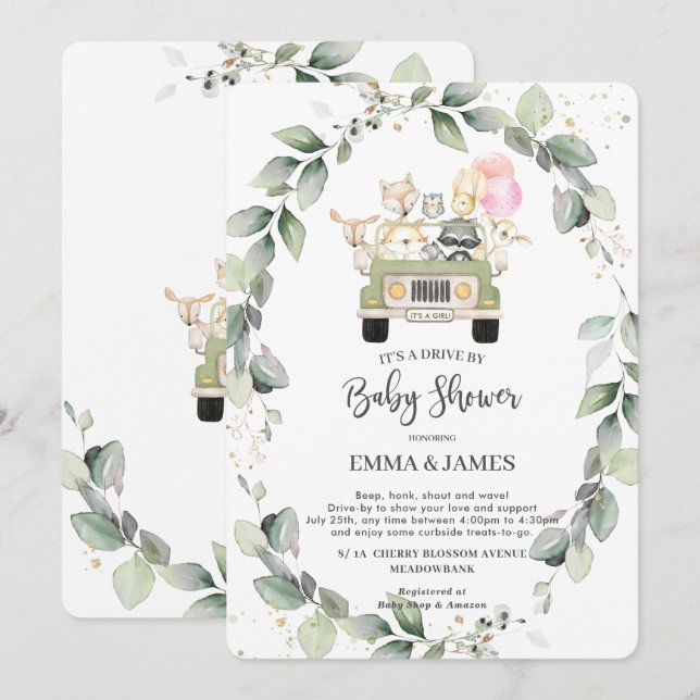 Greenery Woodland Drive By Baby Shower Girl Invitation (Front/Back)