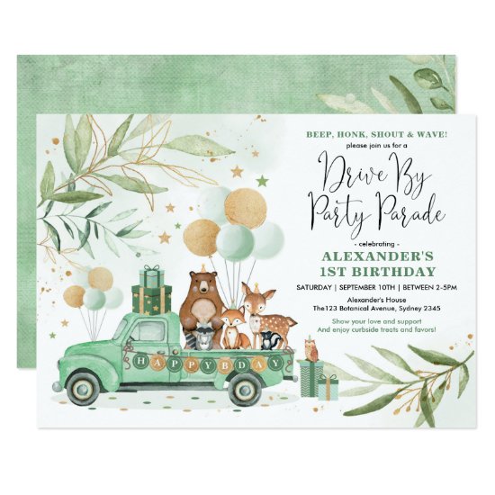 Greenery Woodland Drive By Birthday Party Parade Invitation