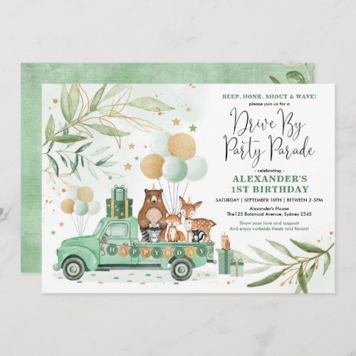 Greenery Woodland Drive By Birthday Party Parade Invitation