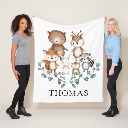 Greenery Woodland Eucalyptus Baby Animals Nursery Fleece Blanket