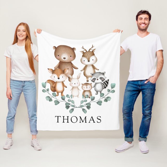 Greenery Woodland Eucalyptus Baby Animals Nursery Fleece Blanket (In Situ)