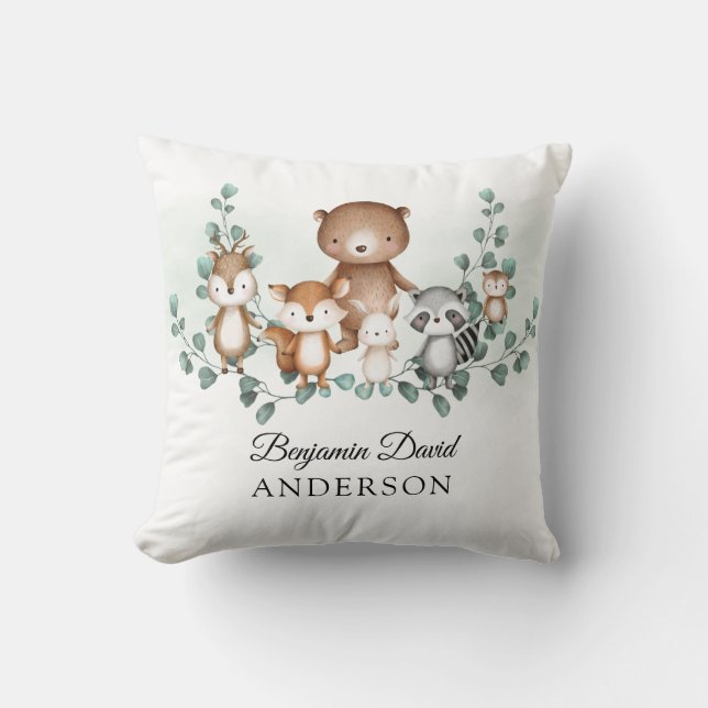 Greenery Woodland Eucalyptus Baby Animals Nursery Throw Pillow (Front)
