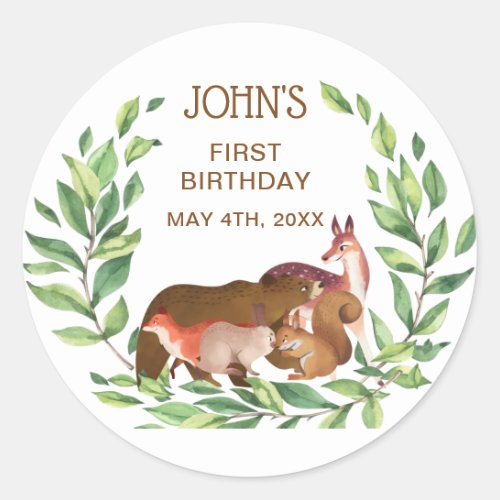 Greenery Woodland Forest Animals 1st Birthday Clas Classic Round Sticker