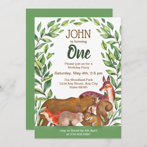 Greenery Woodland Forest Animals 1st Birthday  Inv Invitation