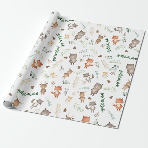 Greenery Woodland Forest Animals Baby Birthday Wrapping Paper