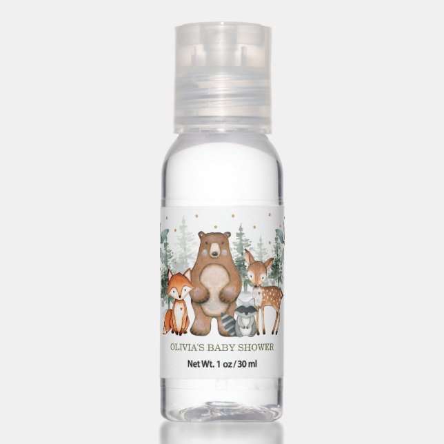 Greenery Woodland Forest Animals Baby Shower Favor Hand Sanitizer (Front)