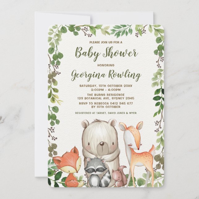 Greenery Woodland Forest Animals Baby Shower Invitation (Front)