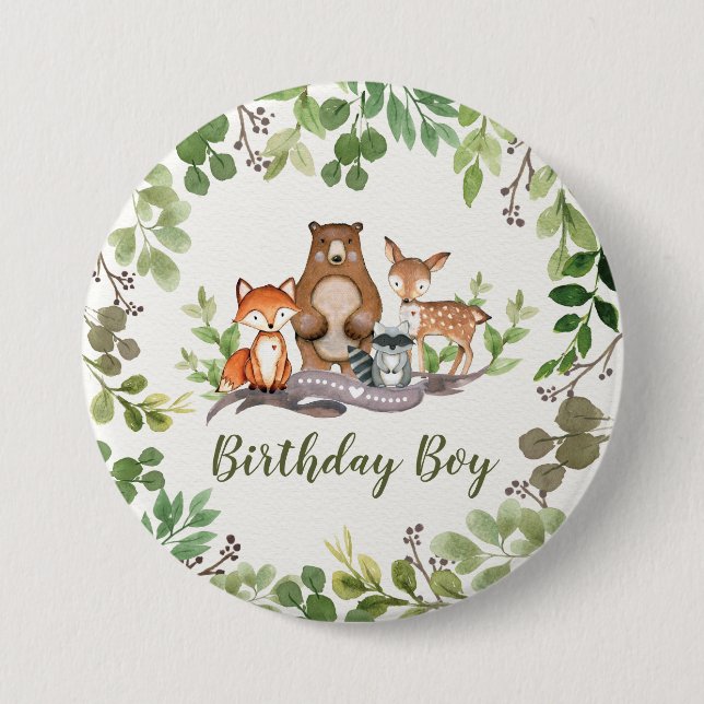 Greenery Woodland Forest Animals Birthday Boy Button (Front)