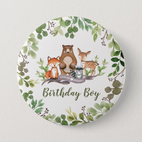 Greenery Woodland Forest Animals Birthday Boy Button